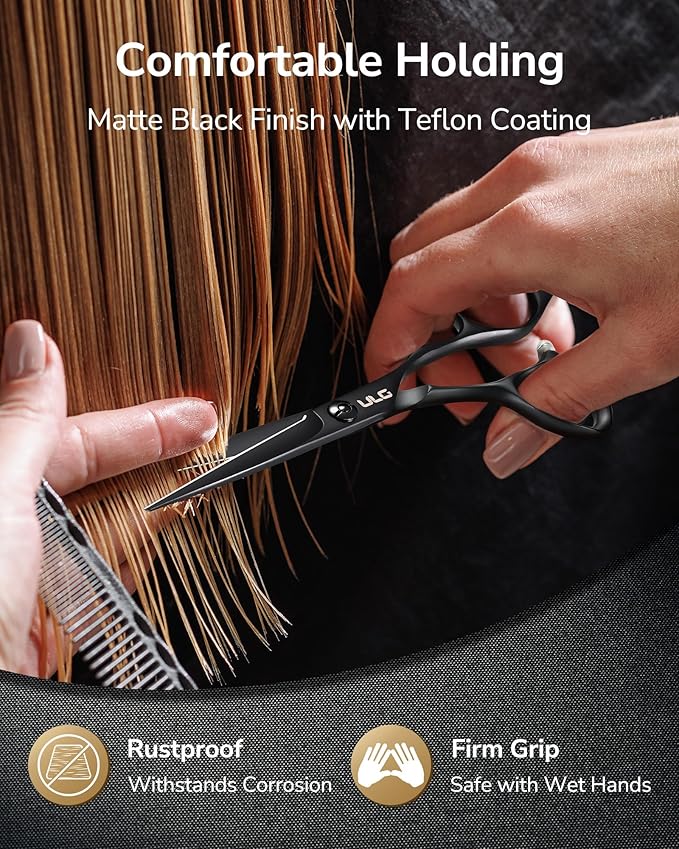 ULG Hair Cutting Scissors, Ultra Sharp Stainless Steel Blades, Matte Black Teflon Coated, Comfortable Offset Handle, Easy-to-Use Shears for Trimming, Shaping, At Home Haircuts Like a Pro, 7-Inch