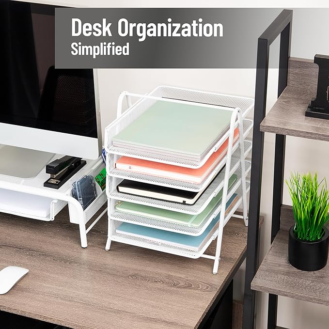 Mind Reader 5-Tier Paper Tray Organizer, Vertical Desktop File Storage Rack, Office, Metal Mesh, White