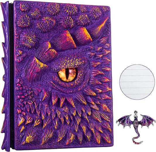 3D Dragon Eye Embossed Journal,Resin Engraving Notebook,Dnd notebook for Dragon Lovers ，Blank Paper,Hardcover Travel Notepad for Writing,Sketchbook,Collection,Gift,Decoration A4 and A5 Size (A5-Purple-Lined-Brooch)