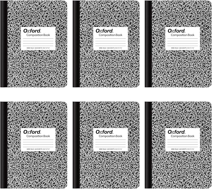 Oxford Composition Notebooks, Wide Ruled Paper, 9-3/4 x 7-1/2 Inches, 100 Sheets, Black, 6 Pack (63764)