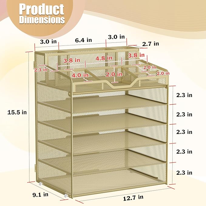 Docnest 6 Tier Mesh Desk Organizer for Paper Office Supplies – Multi-Functional Letter Tray with 5 Adjustable Compartments, 3 Pen Holders, Desktop Storage for Files, Mail, Stationery – Gold Yellow