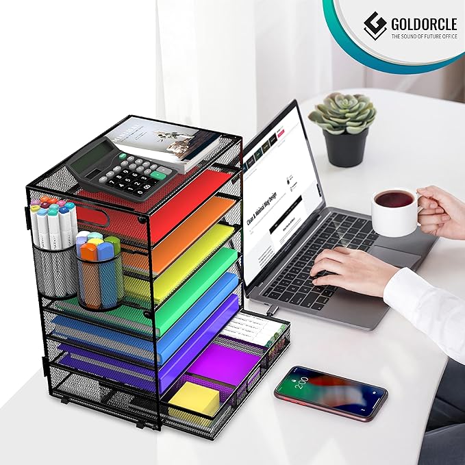8 Tier Paper Letter Tray Organizer with Drawer & 2 Pen Holders, Mesh Desk File Holder Storage Organization for Home School Classroom & Office