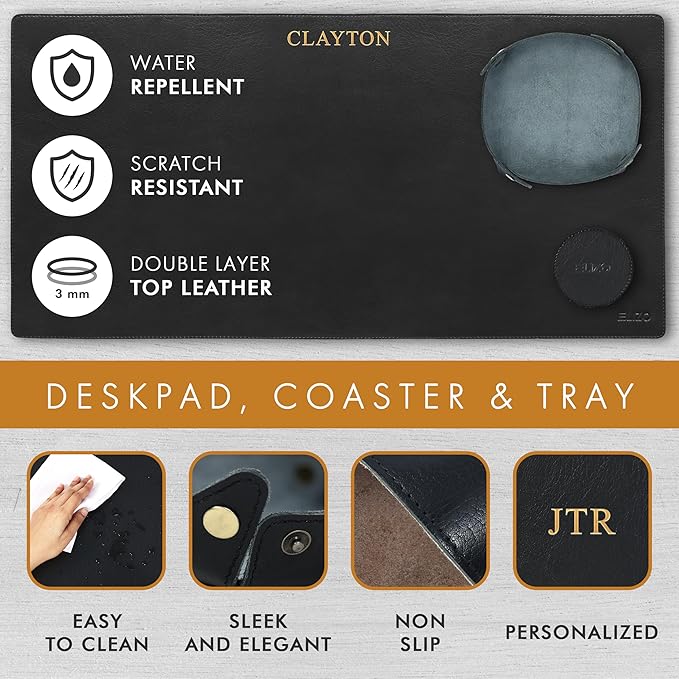 ELIZO Personalized Custom Desk Pad Set Real Leather Desk Mat Mouse Pad Unique Gifts for Him Her Leather Gifts for Men Women Engraved Embossed Monogrammed Corporate Gifts