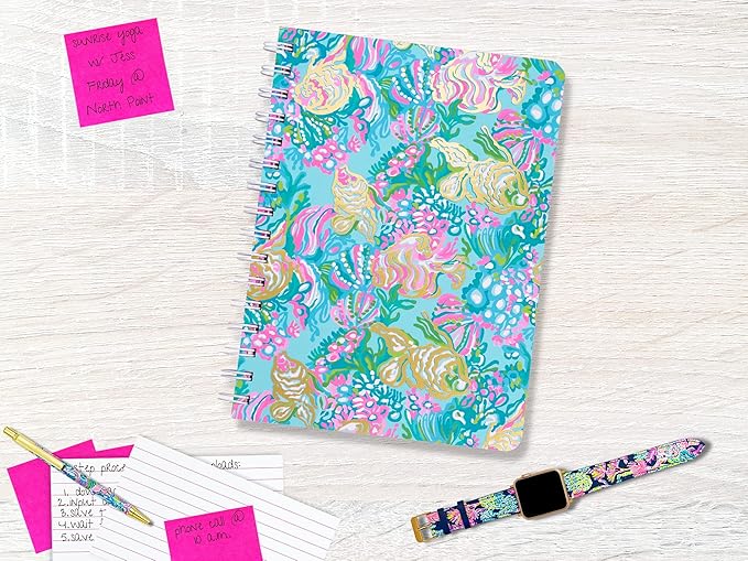 Lilly Pulitzer Blue/Gold Hardcover Mini Spiral Notebook, 8.25" x 6.5" Small Journal with 160 College Ruled Pages, Aqua La Vista