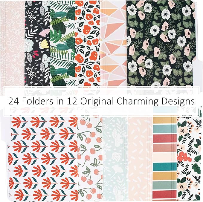 Cute File Folders, Set of 24 3-Tab Letter Size Decorative File Folders Boho Manilla 8.5 x 11 – Pretty Designer Home Office School Supplies (Enchantment)