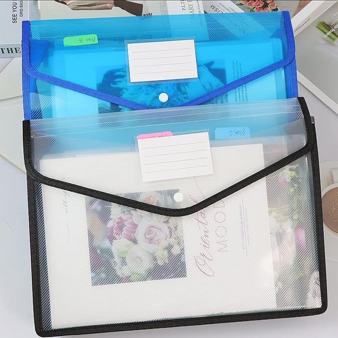 GJIAUKIZ Plastic File Folders Legal Size Envelope Expanding Document Organizer Folders with Snap Button Closure for School Office (Transparent & Blue, 14 Packs) with 30 Pieces Index Tabs