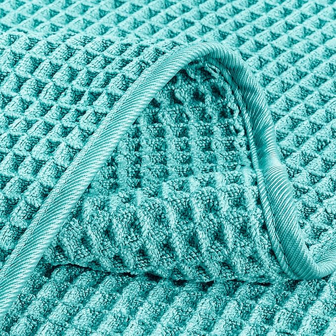 POLYTE Microfiber Lint Free Hand Towel, 16 x 30 in, 4 Pack (Aqua, Waffle Weave)