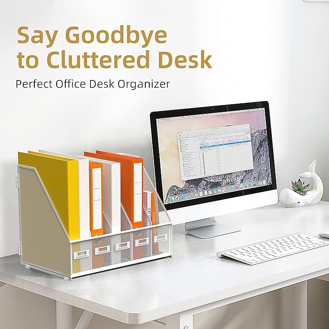 DALTACK Desk Organizers Metal Magazine File Holder with 5 Vertical Compartments Folder Storage Binder Organizer for Office Home School Organization, White Plus