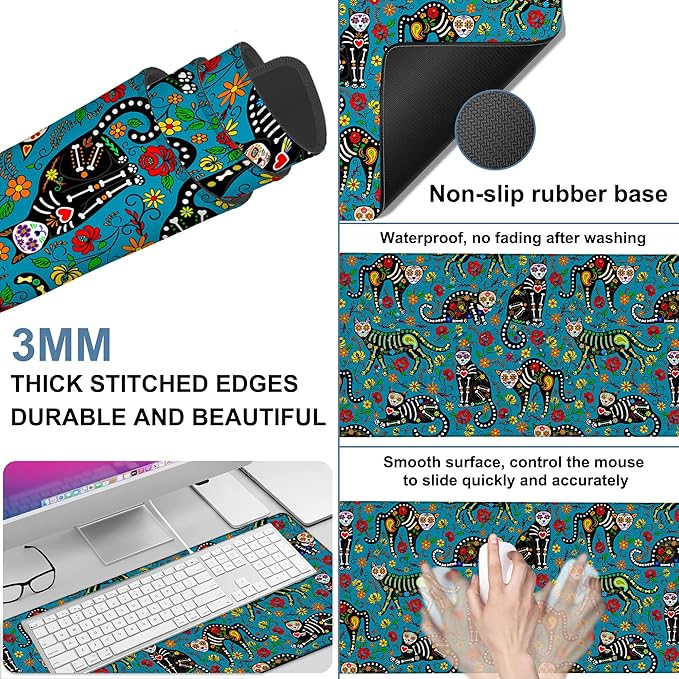 Sugar Skull Black Cats Gaming Mouse Pad 3mm Thick Stitched Edge Waterproof Non-Slip Large Computer Keyboard Mouse Mat,Suitable for Office Entertainment Decorative Desk Pad 35.4 x 15.7 Inches