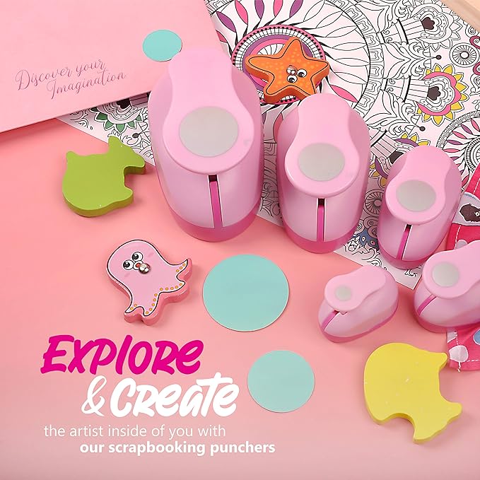 BearBoss 5 Pcs Craft Hole Punch, Handmade Scrapbook Paper Puncher, Different Size of Scrapbooking Punches Crafting Designs for Office Supplies, Card Making, DIY Albums Photos, Pink Color (Circle)