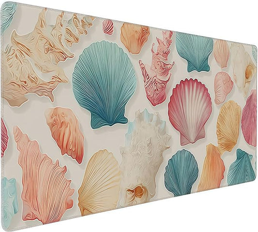 Ocean Themed Mouse Pad, XXL Seashell Desk Mat, Summer Beach Design, 35.4 x 15.8 inches,Girly Summer Coastal Gaming Pads,Girly Laptop Desk Mat
