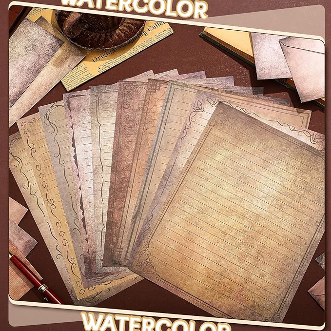 TaoBary 160 Pcs Stationery Paper Set 50 Double Sided Stationery Papers with 50 Matching Envelopes and 60 Round Dot Sticker, 10 Design(Vintage,8.5 x 11 Inch)