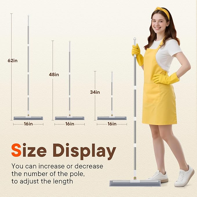 Floor Squeegee for Concrete Floors, 180° Rotating Silicone Broom, Squeegee for Floor with a 62" Handle, Includes 2 Cleaning Cloths, Water and Pet Hair Remover for Bathroom Floors, Tile, Deck and Glass