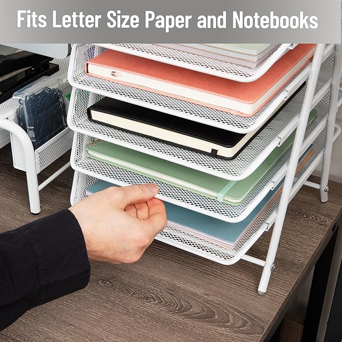 Mind Reader 5-Tier Paper Tray Organizer, Vertical Desktop File Storage Rack, Office, Metal Mesh, White