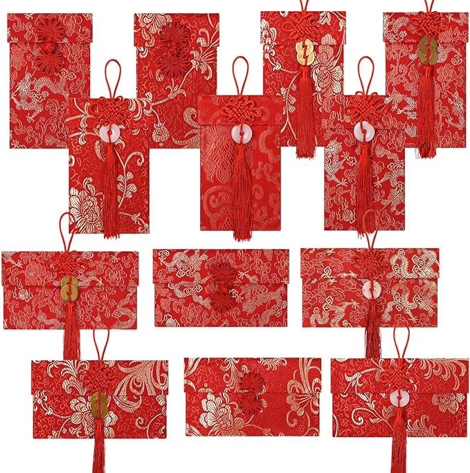 13PCS Silk Red Envelope Chinese Red Pocket Lucky Money Hong Bao Card Envelope for Spring Festival Wedding New Year Birthday,13 Styles with Chinese Knot Jade Pendant Copper Coin