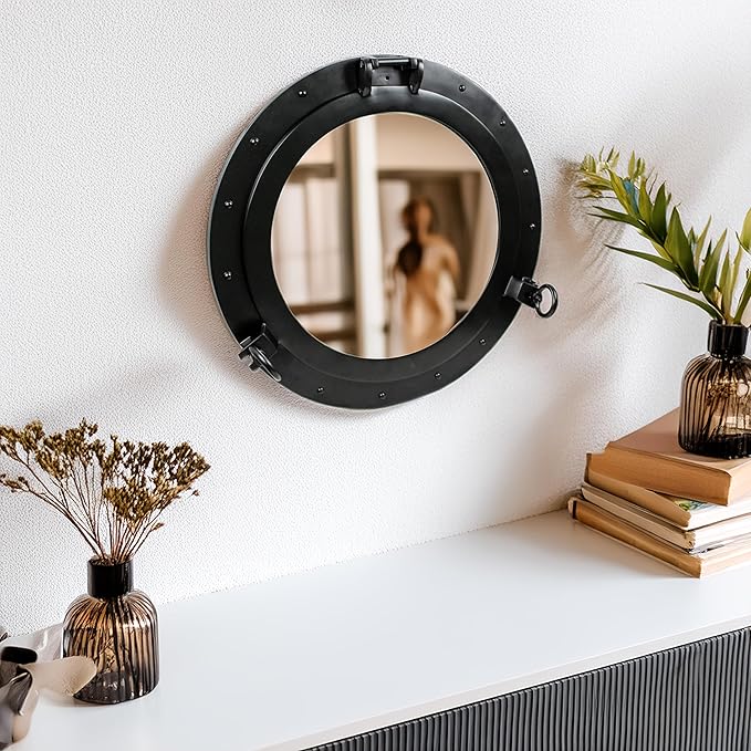 Nagina International Premium Matte Black Nautical Porthole Wall Mounted Mirrors | Maritime Ship's Decor Window