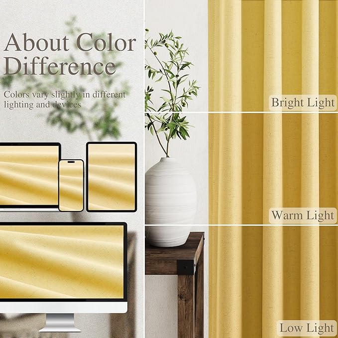 Nanspring Gold Yellow Linen Blackout Curtains 84 Inches Long Back Tab Rod Pocket Thermal Insulated Full Light Black Out 2 Panels Set for Living Room Elegant Modern Curtains Drapes 52x84