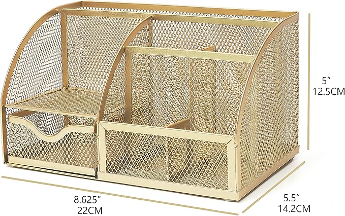 Annova Mesh Desk Organizer Office with 7 Compartments + Drawer/Desk Tidy Candy/Pen Holder/Multifunctional Organizer (Gold)