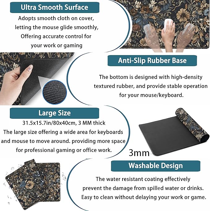 Vintage Floral Desk Mat Blue Wildflowers Mouse Pad Cottagecore Mousepad, XXL Large Extended Gaming Desk Matt for Desktop, Laptop Keyboard Mouse Mat for Women Office Decor Accessories, 31.5x15.75 in