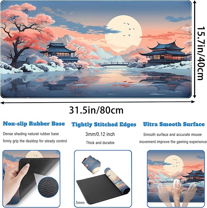 Kawaii Desk Mat Japan Desk Pad Extra Large Gaming Mouse Pad XXL, Computer Laptop Keyboard Pad Gamer Desk Setup, Pink and Blue Mouse Mats with Stitched Edges, Vintage Office Decor 31.5" x 15.7"