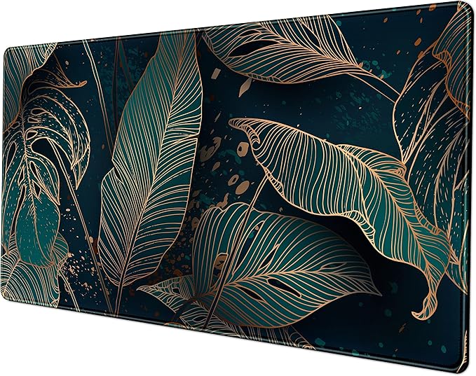 Desk Pad, Green Gold Palm Leaves Extended Gaming Mouse Pad Cute Large Desk Mat, Non-Slip Rubber Base Mousepad with Stitched Edges, Keyboard Mouse Mat Desk Pad for Game Office Home 31.5x15.75 in