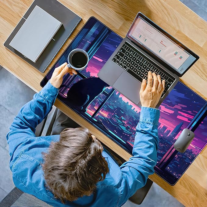 Cool Purple Kawaii Anime Moom Cat Desk Mat XXL Large Gaming Mouse Pad, Cute City Cats Desk Pad for Gamer Girl Women Office Desk Decor Mousepad, Computer Laptop Keyboard and Mouse Mat 31.5x15.75 in