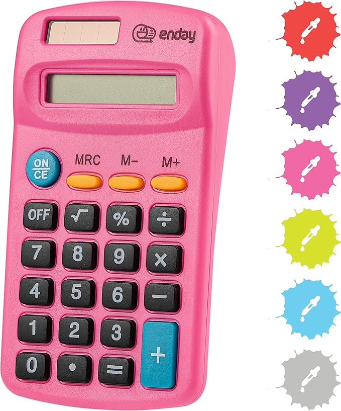 Calculator Pink, Basic Small Solar and Battery Operated, Large Display Four Function, Auto Powered Handheld Calculator School and Kids Available in Green, Red, Purple, Grey, Blue, 1 PK – by Enday