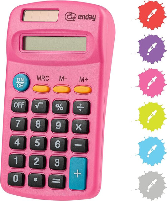 Calculator Pink, Basic Small Solar and Battery Operated, Large Display Four Function, Auto Powered Handheld Calculator School and Kids Available in Green, Red, Purple, Grey, Blue, 1 PK – by Enday