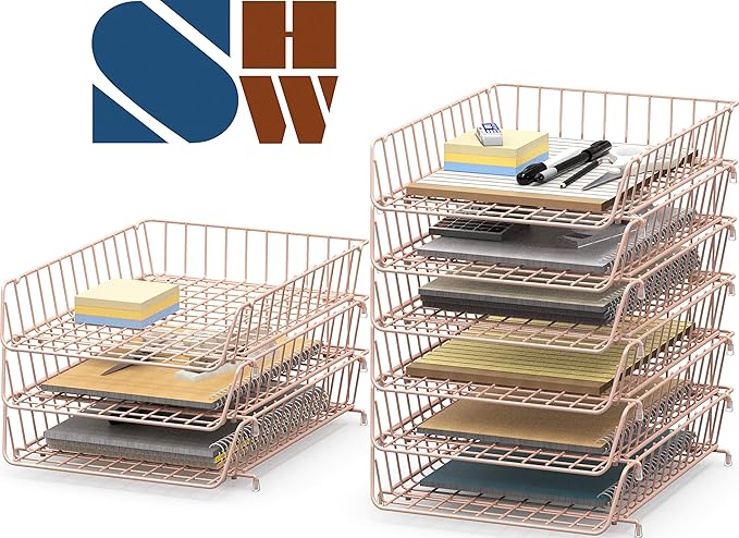 SimpleHouseware Stackable Desk File Document Letter Tray, Wire Grid, 3 Packs, Rose Pink