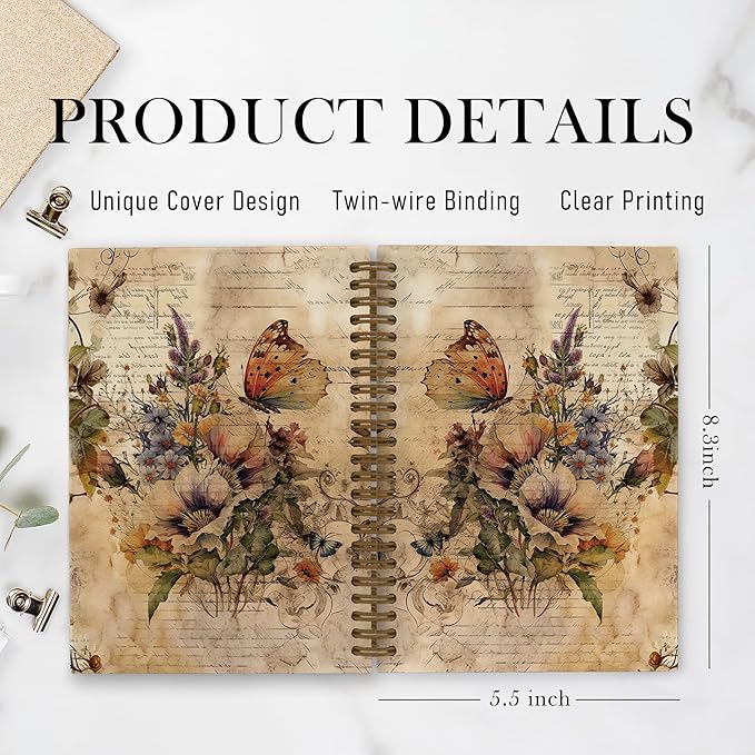 Vintage Butterfly Spring Spiral Notebook, Butterfly Journal, Butterfly Notebook, Butterfly Notebooks for School, Butterfly Floral Office Supplies Gifts for Women Coworkers, 5.5x8.3 Inch