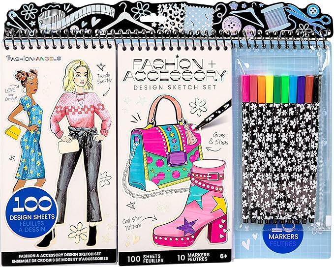 Fashion Angels Fashion & Accessory Design Sketch Set, Includes Sketch Pad with Stickers & Markers, Ultimate Fashion Design Sketch Book for Girls