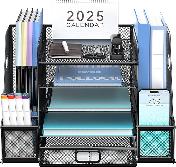 SUPEASY Mesh Desk Organizer with File Holder, 5-Tier Paper Letter Tray Organizer with Magazine Holder, Desktop Organizer and Storage with Drawer for Office Supplies Home or School, Black