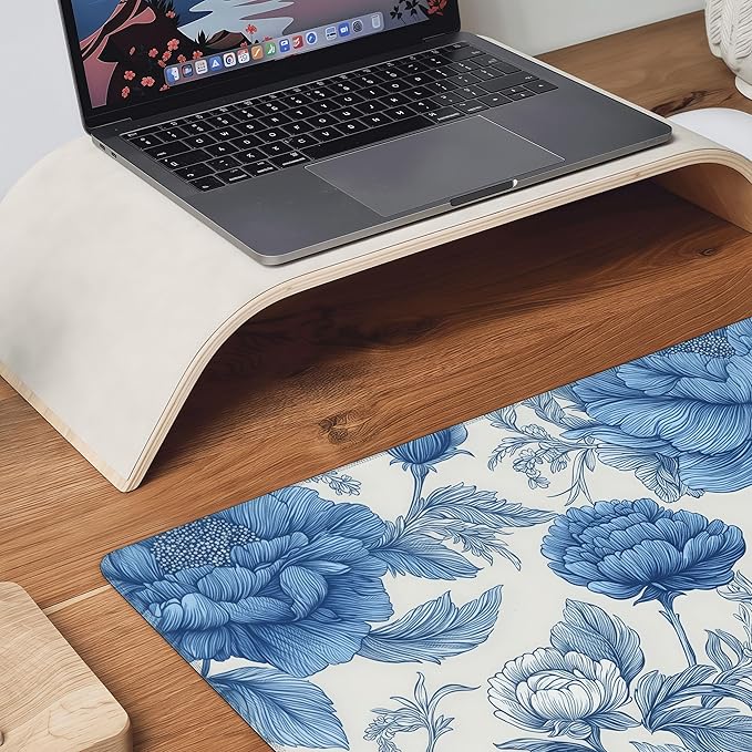 Blue Chinoiserie Mouse Pad,Blue and White Floral Desk Mat, XXL Large Floral Preppy Trendy Mouse Pad,Girly Gaming Mousepad,Girly Laptop Desk Mat for Dorm Home Office, 35.4 x 15.8 inches