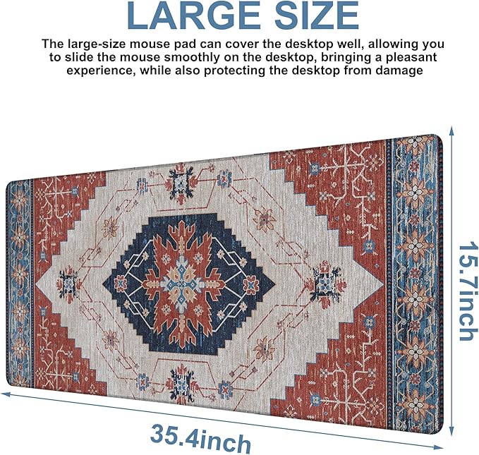 Vintage Style Rug Gaming Mouse Pad 3mm Thick Stitched Edge Waterproof Non-Slip Large Computer Keyboard Mouse Mat,Suitable for Office Entertainment Decorative Desk Pad 35.4 x 15.7 Inches