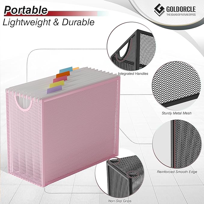 Hanging File Organizer Box, Hanging File Folder Frame Holder Filing Box with 5 Hanging Folders, Metal Mesh Desk File Folder Storage(No Assembly Required), Pink