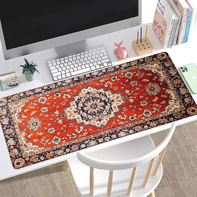 Desk Pad, Vintage Red Boho Rug XXL Gaming Mouse Pad with Stitched Edges,Non-Slip Waterproof Rubber Base Large Desk Mat for Keyboard and Mouse 35.4"x15.7"