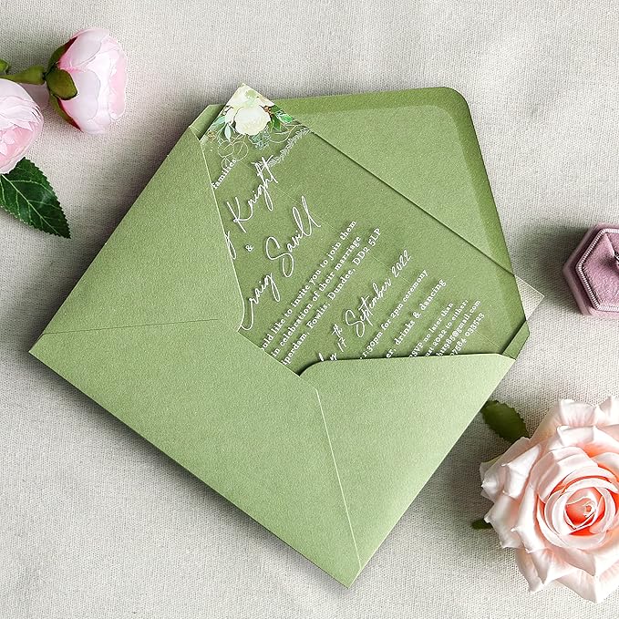 PONATIA 50 PCS/Pack A7 Envelopes, 5.25 x 7.48'' Sage Green Envelopes For 5 x 7'' Weddings Invitation Cards, Christmas Gift Cards, Acrylic Invitations, Photos and Any 5x7 Inserts