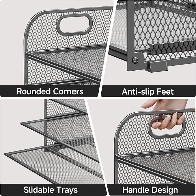 5 Tier Paper Organizer for Desk File Organizer with Handle Mesh Letter Tray Paper Sorter Desk Organizer for Office Home Supplies-Grey