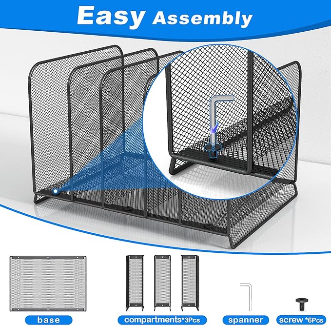 5 Sections File Rack,Mesh File Sorter File Folder Holder with Cylinder Edging,Sturdy Not Bent, Metal Desk Organizer Desktop Organization for Document Newspaper Magazine,1 Pack