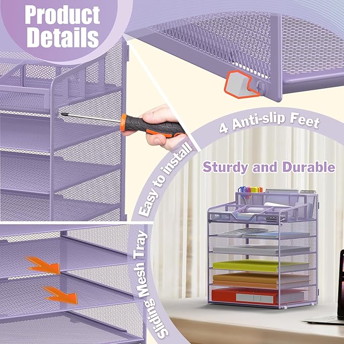 Docnest 6 Tier Mesh Desk Organizer for Paper Office Supplies – Multi-Functional Letter Tray with 5 Adjustable Compartments, 3 Pen Holders, Desktop Storage for Files, Mail, Stationery – Purple