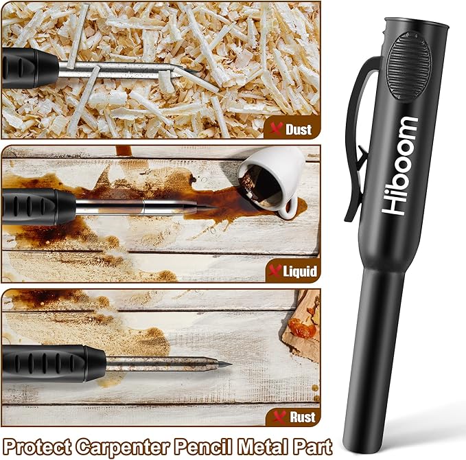Hiboom 2 Pack Solid Carpenter Pencils with Pencil Cap and 18 Refills, Long Nose Deep Hole Mechanical Pencil Marker, Scribe Tool with Built-in Sharpener for Construction Woodworking Architect (Black)