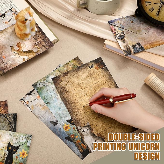 TaoBary 160 Pcs Stationery Paper Set 50 Double Sided Stationery Papers with 50 Matching Envelopes and 60 Round Dot Sticker, 10 Design(Cat,5.5 x 8.25 Inch)