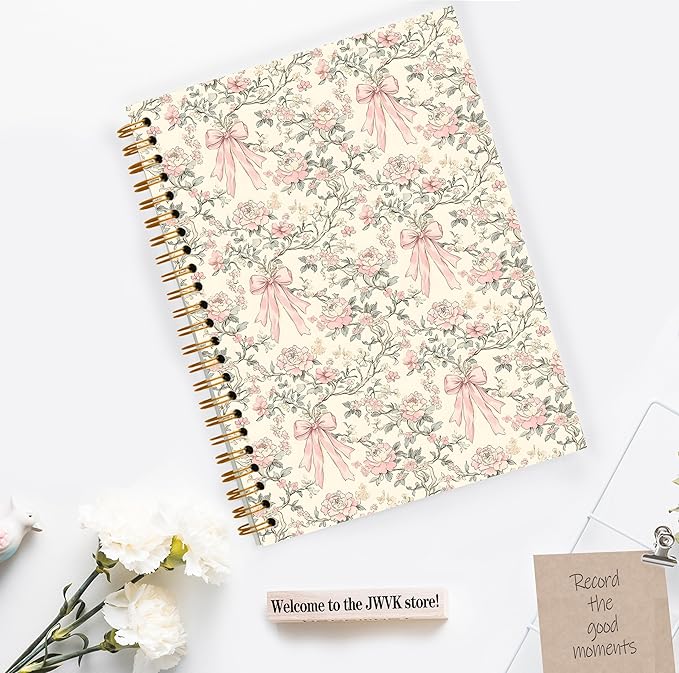 Coquette Pink Bow Spiral Notebook, Vintage Chinoiserie Floral Notebooks for Note Taking, Trendy Preppy Journals for Writing, Girly Aesthetic Journal Journaling, 5.5x8.3 Inch