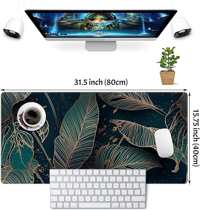 Desk Pad, Green Gold Palm Leaves Extended Gaming Mouse Pad Cute Large Desk Mat, Non-Slip Rubber Base Mousepad with Stitched Edges, Keyboard Mouse Mat Desk Pad for Game Office Home 31.5x15.75 in