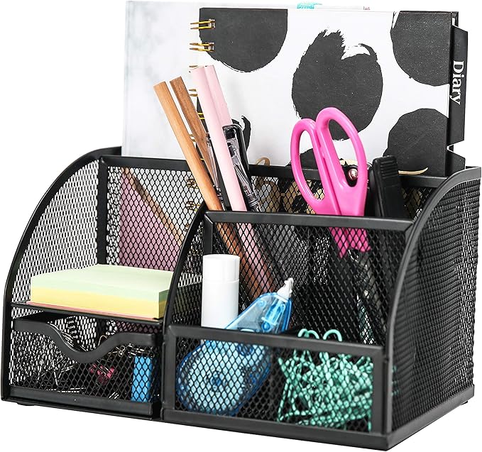 Exerz Desk Organizer Black Office Desk Accessories Supplies Office Storage Desktop Pencil Pen Holder with Drawer Home Workspace