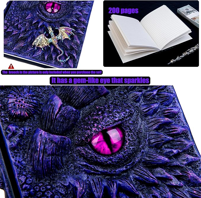 3D Dragon Eye Embossed Journal,Resin Engraving Notebook,Dnd notebook for Dragon Lovers ，Blank Paper,Hardcover Travel Notepad for Writing,Sketchbook,Collection,Gift,Decoration A4 and A5 Size (A5-Dark Purple-Lined-Brooch)