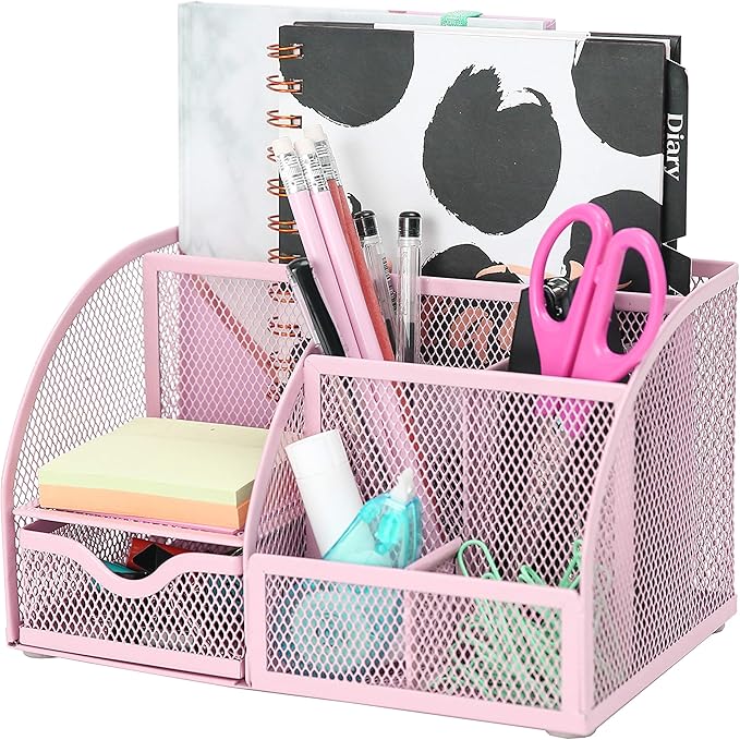 Exerz Desk Organizer Light Pink Office Desk Accessories Supplies Office Storage Desktop Pencil Pen Holder with Drawer Home Workspace