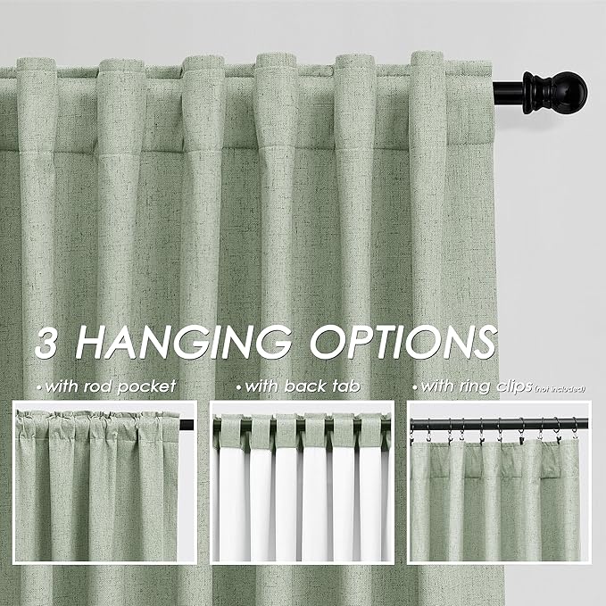 Light Sage Linen Curtains 90 inch Length 2 Panels Set for Bedroom Thermal Insulated 100% Blackout Linen Drapes Back Tab Neutral Rustic Modern Farmhouse Room Darkening Curtain 52x90