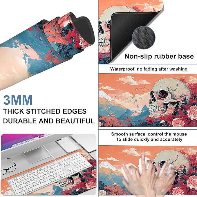 Anime Skull Gaming Mouse Pad 3mm Thick Stitched Edge Waterproof Non-Slip Large Computer Keyboard Mouse Mat,Suitable for Office Entertainment Decorative Desk Pad 35.4 x 15.7 Inches
