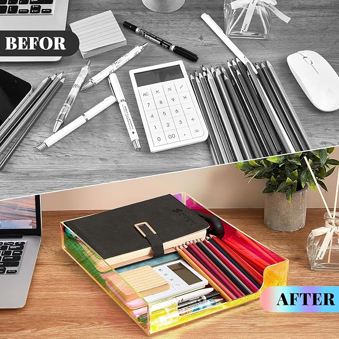 Maxcheck 2 Pcs Iridescent Acrylic Letter Tray Organizer Stackable Desk Paper Tray with Non Slip Rubber for Office Accessories Desk File Document Folder Notebooks Stationery